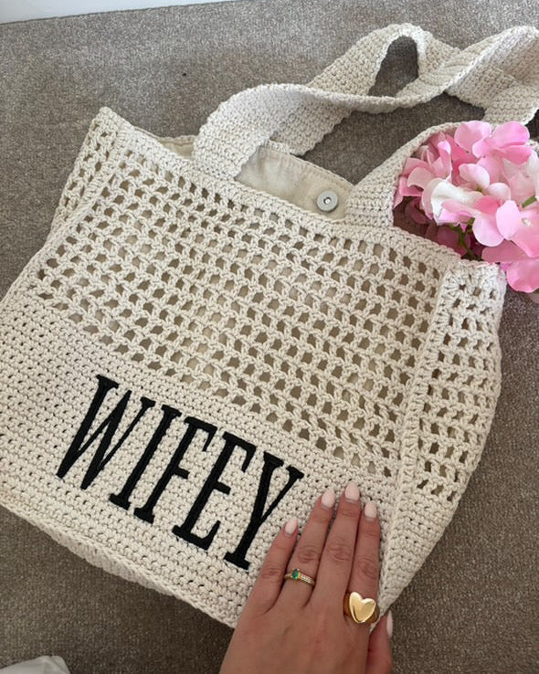 Wifey Crochet Lined Tote Bag | Bridal Hen Wedding Honeymoon