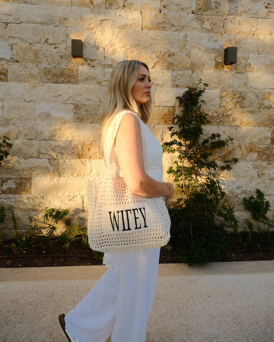 SAMPLE SALE Wifey Statement Crochet Lined Tote Bag | Bridal Hen Wedding Honeymoon
