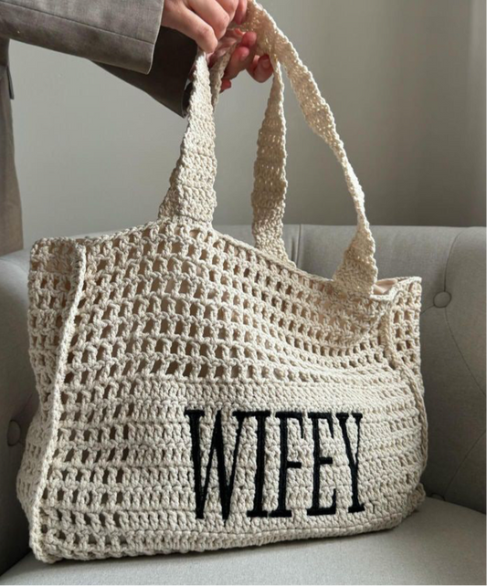 Wifey Statement Crochet Lined Tote Bag | Bridal Hen Wedding Honeymoon