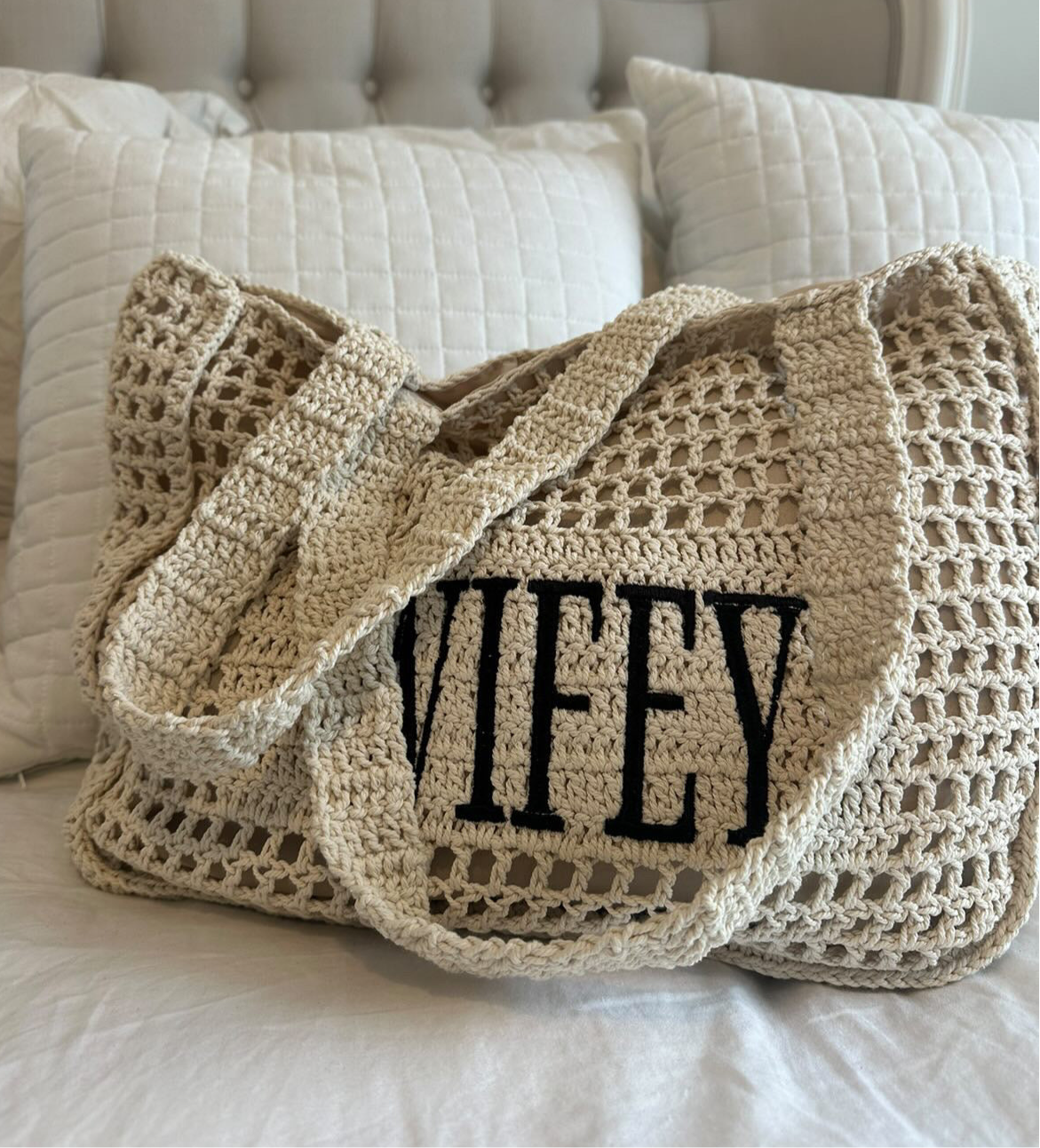 SAMPLE SALE Wifey Statement Crochet Lined Tote Bag | Bridal Hen Wedding Honeymoon